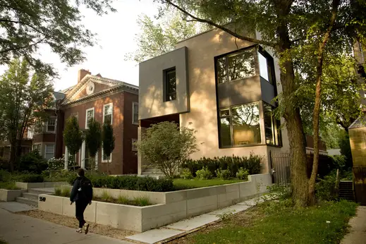 Modern hyde park apartment exterior and pedestrian in Hyde Park