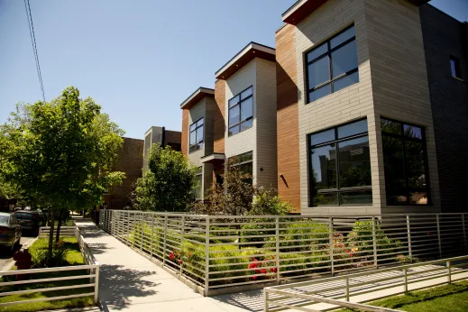 Modern three flat apartment buildings with front gardens in Ukrainian Village Chicago