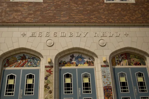 Mosiac tiles and murals on elementary school entrance in Sheridan Park