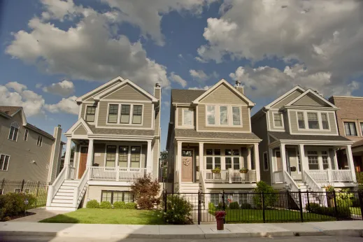 New construction single family home exteriors in St. Ben's Chicago