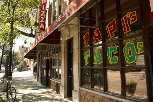 Papis Tacos restaurant sign and front entrance in Tri-Taylor Chicago