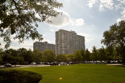 Park in front of high rise apartments in Douglas Chicago