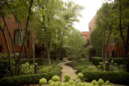 Pathway to condo building with front gardens in Dearborn Park Chicago