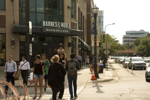 People crossing Church St in Evanston, Illinois