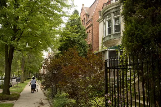 Postal worker walking on sidewalk passed historic homes and front gardens in Bronzeville Chicago
