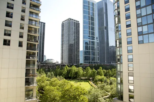 Public park between apartment towers in Lakeshore East Chicago