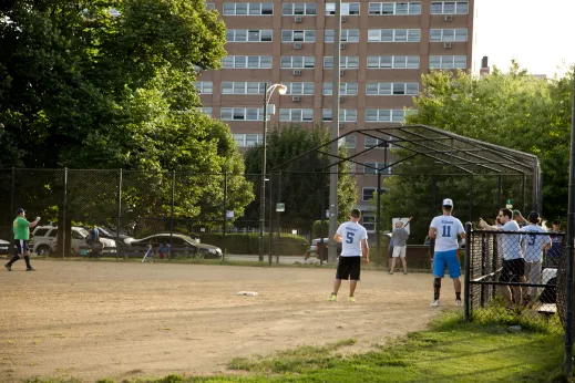 Recreational softball team in Chicago park in Noble Square Chicago