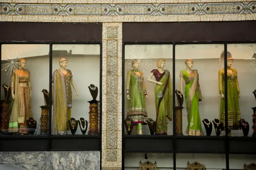 Saaris and traditional Indian women's dress on mannequins on W Devon Ave in West Ridge