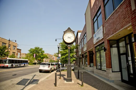 Sidewalk clock tower in Irving Park Chicago