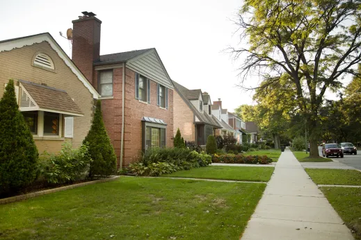 Single family homes and front lawns in Edgebrook neighborhood Chicago