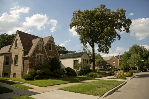 Single family homes and front yards with trees and topiary in Peterson Woods