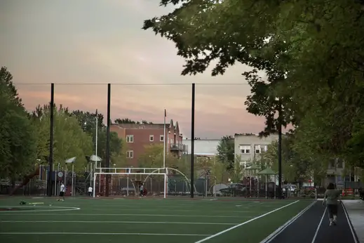 Soccer field and running track in public park in Graceland West Chicago