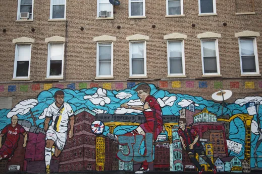 Soccer mural on apartment building in Pilsen Chicago