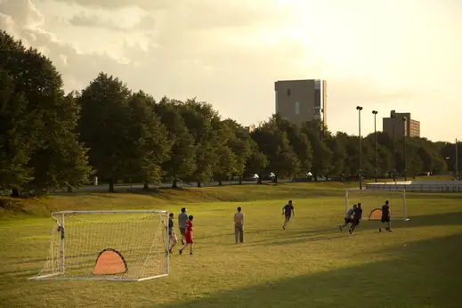 Soccer players at Midway Plaisance Park in Hyde Park