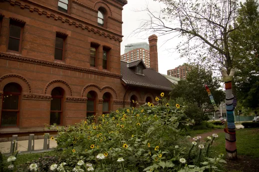 Sunflowers and colorful tree painted at Dearborn Station park in Dearborn Park Chicago