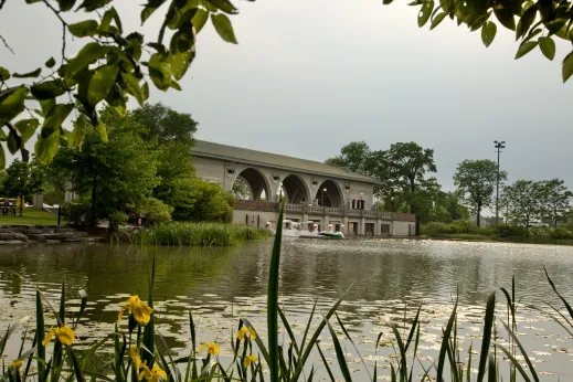 Swan boats in pond at boathouse in Humboldt Park