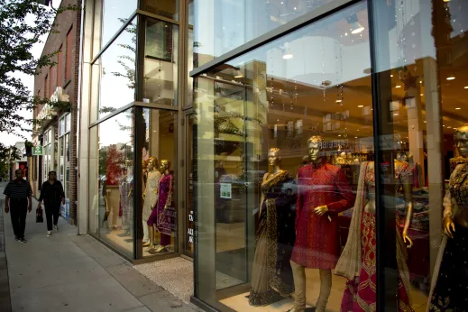 Traditional Indian clothing and fashion storefront window display in West Ridge Chicago