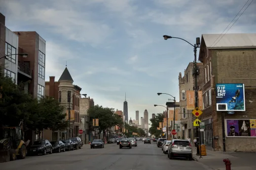 Traffic and cars on West Chicago Avenue in Noble Square Chicago