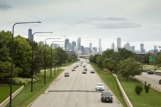Traffic on Lake Shore Drive with Chicago skyline in Bronzeville Chicago