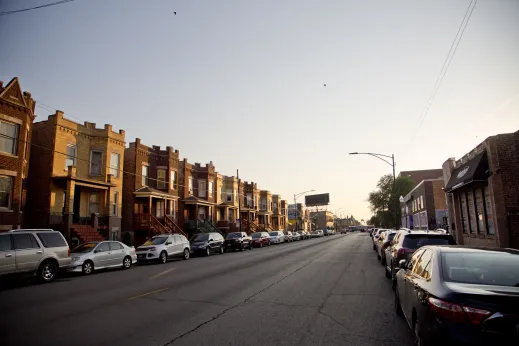 Two flat apartment buildings on street in Avondale Chicago