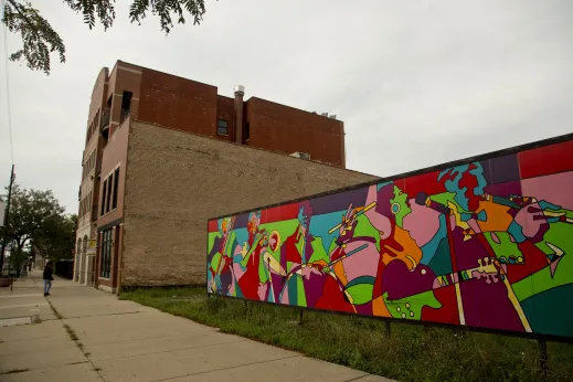 Vibrant mural with musicians and public art in Bronzeville Chicago
