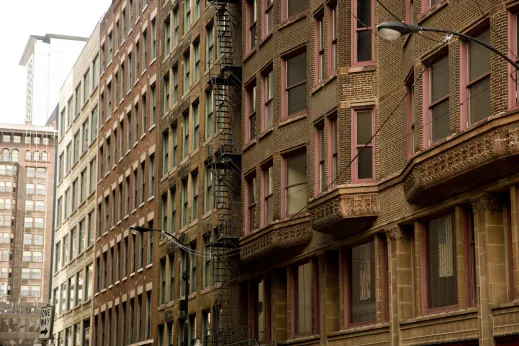 Vintage apartment building detail with bay windows in Printer's Row Chicago