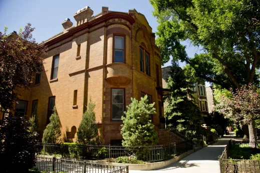 Vintage brick apartment building with bay windows in Ukrainian Village Chicago