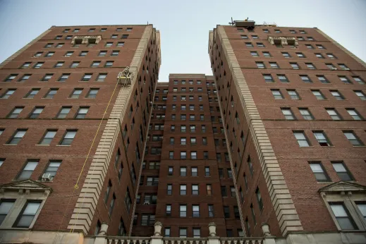 Vintage courtyard apartment building in South Shore Chicago