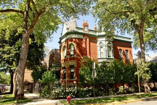 Vintage mansion exterior and side garden in Ukrainian Village Chicago