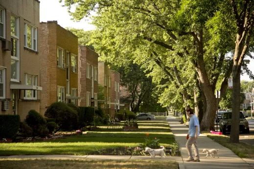 Woman walking dogs in front of apartment buildings in Budlong Woods Chicago