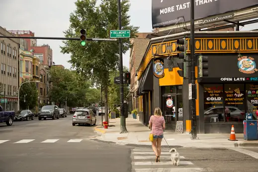 Woman walking dog and crossing West Belmont Avenue in Lakeview Chicago