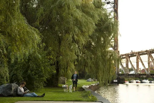Woman walking greyhounds and man reading in Ping Tom Park on South Branch of Chicago River in Chinatown