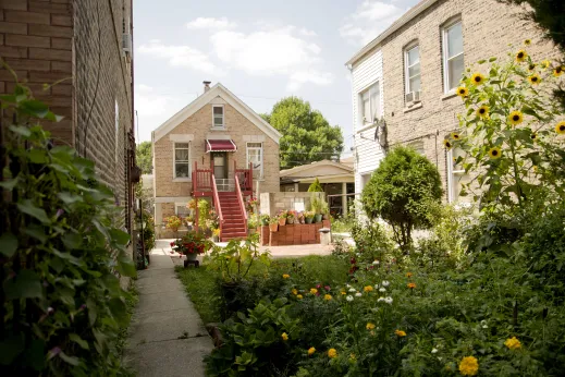 Workmans cottage style home and garden with sunflowers in Little Village