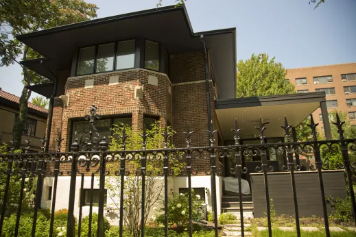 Wrought iron fence on Prairie style house in Margate Park Chicago