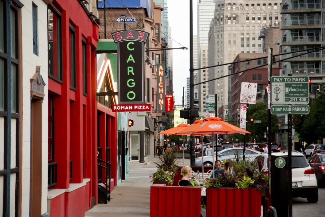 Bar Cargo restaurant sign and outdoor patio seating on N Wells Street in River North Chicago