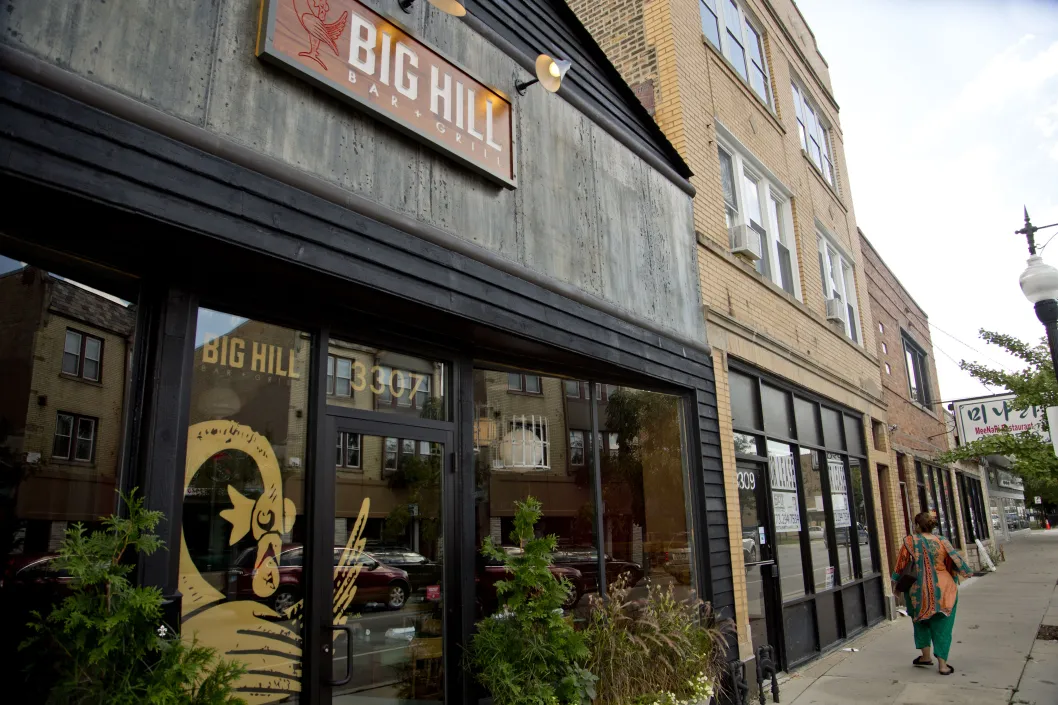 Big Hill Bar and Grill sign and restaurant front entrance in North Park Chicago