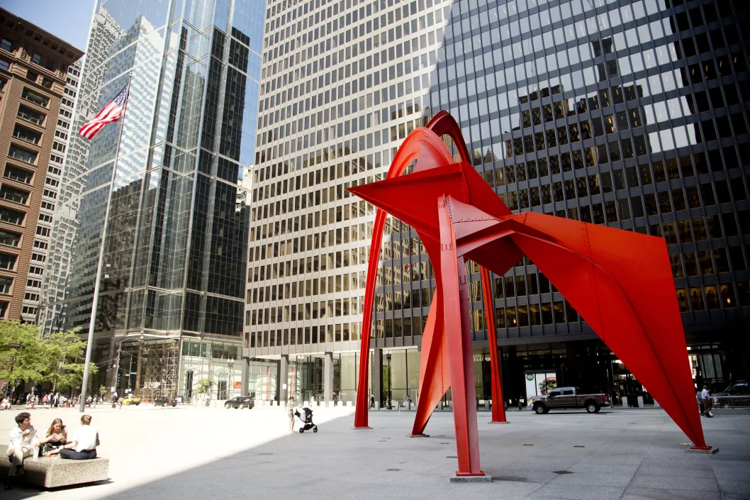 Calder Flamingo sculpture outdoor art in Federal Plaza in Chicago Loop