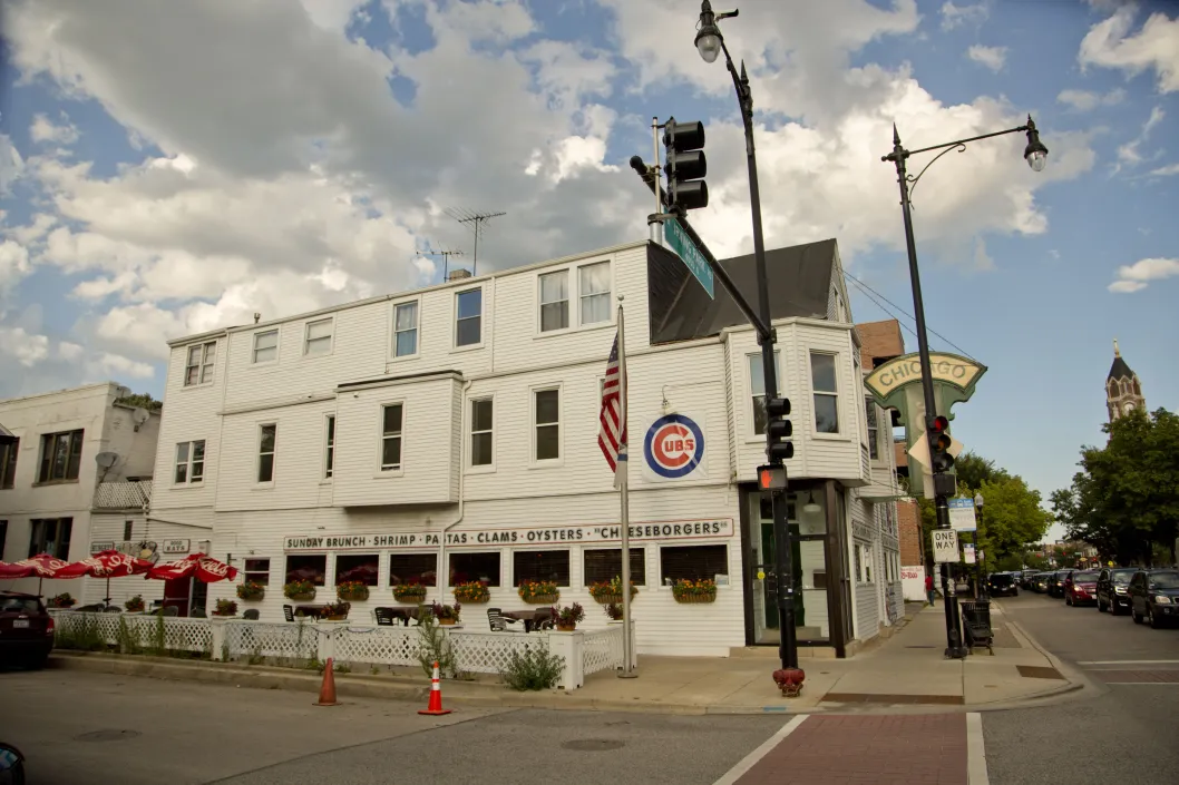 Chicago Joe's restaurant exterior with patio seating on W Irving Park Rd in St Ben's