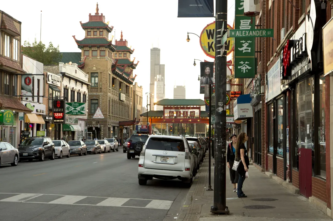 Chinatown Community Gate and Willis Tower on S Wentworth Ave in Chinatown