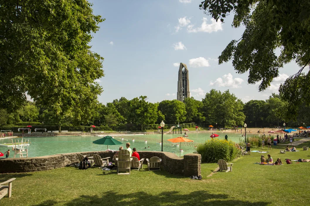 Community pool with families and large tower in the Chicago suburb of Naperville, IL