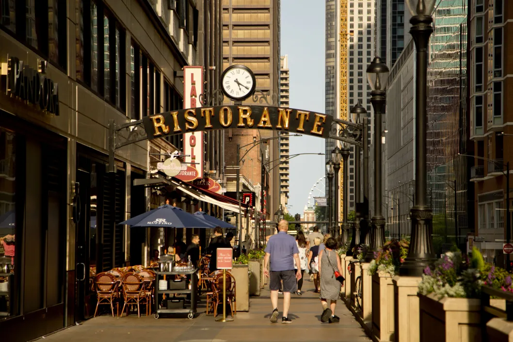 E Illinois St restaurants and Navy Pier Ferris Wheel in Streeterville Chicago