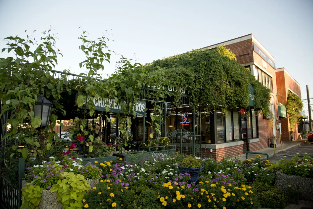 East of Edens restaurant patio and ivy garden in Sauganash