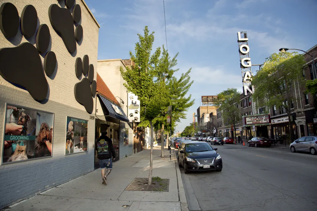 Logan Theatre sign marquee on North Milwaukee Avenue in Logan Square Chicago