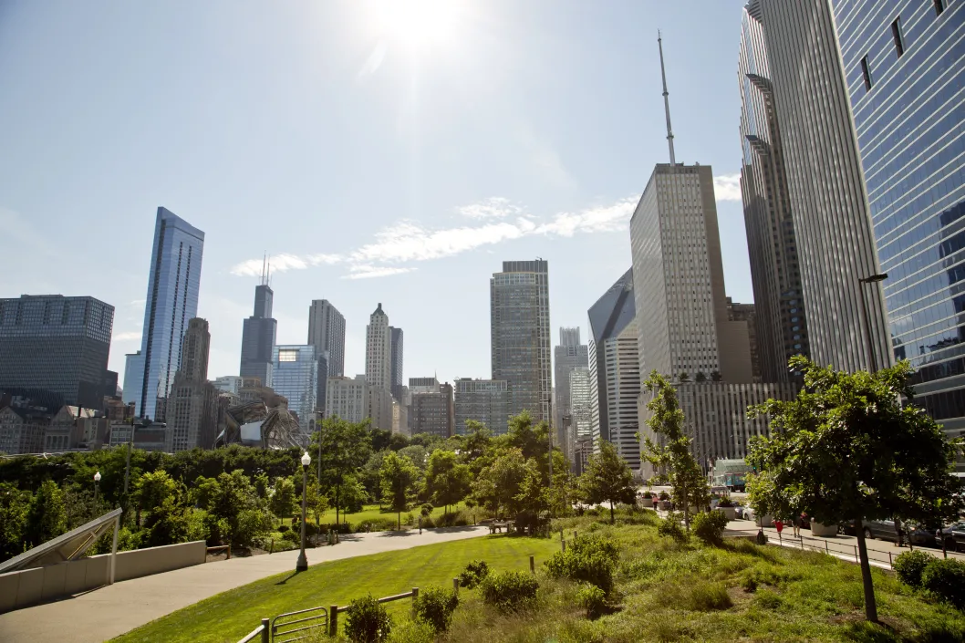 Maggie Daley Park and Chicago skyline in Lakeshore East Chicago