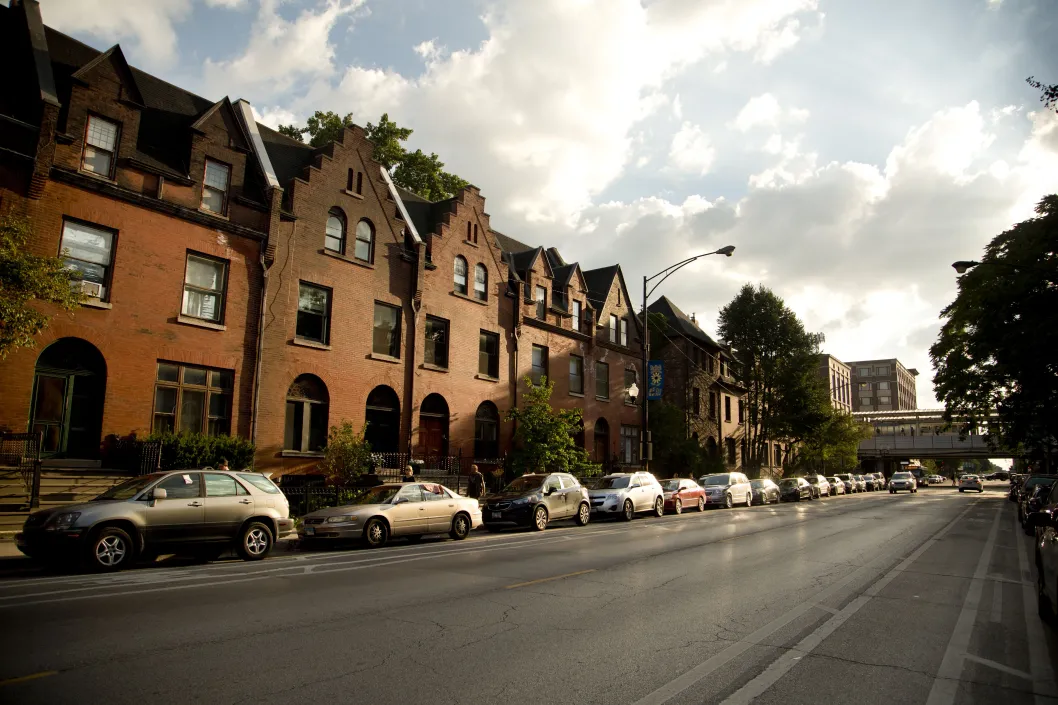 Apartment fronts on Fullerton Ave near DePaul University in Chicago