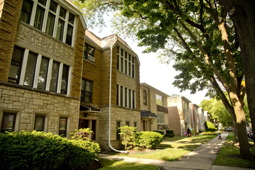 Apartment buildings front in Budlong Woods Chicago