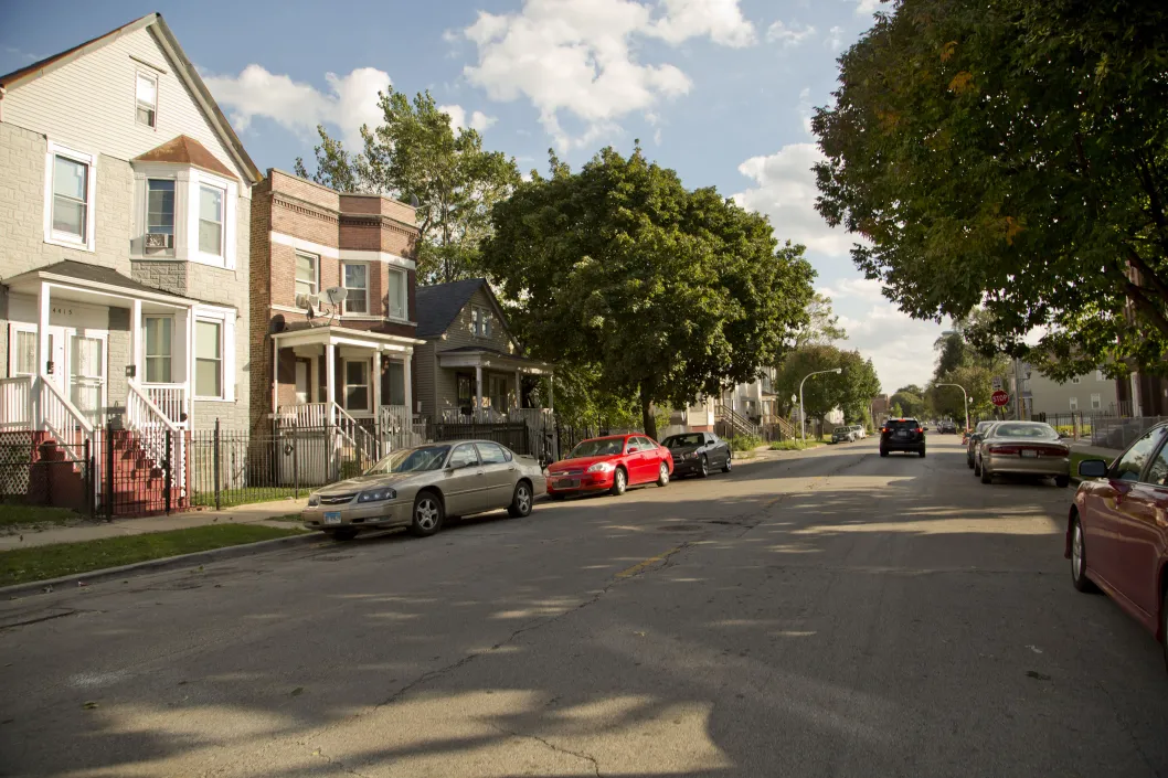 Apartments on neighborhood street in Fuller Park Chicago