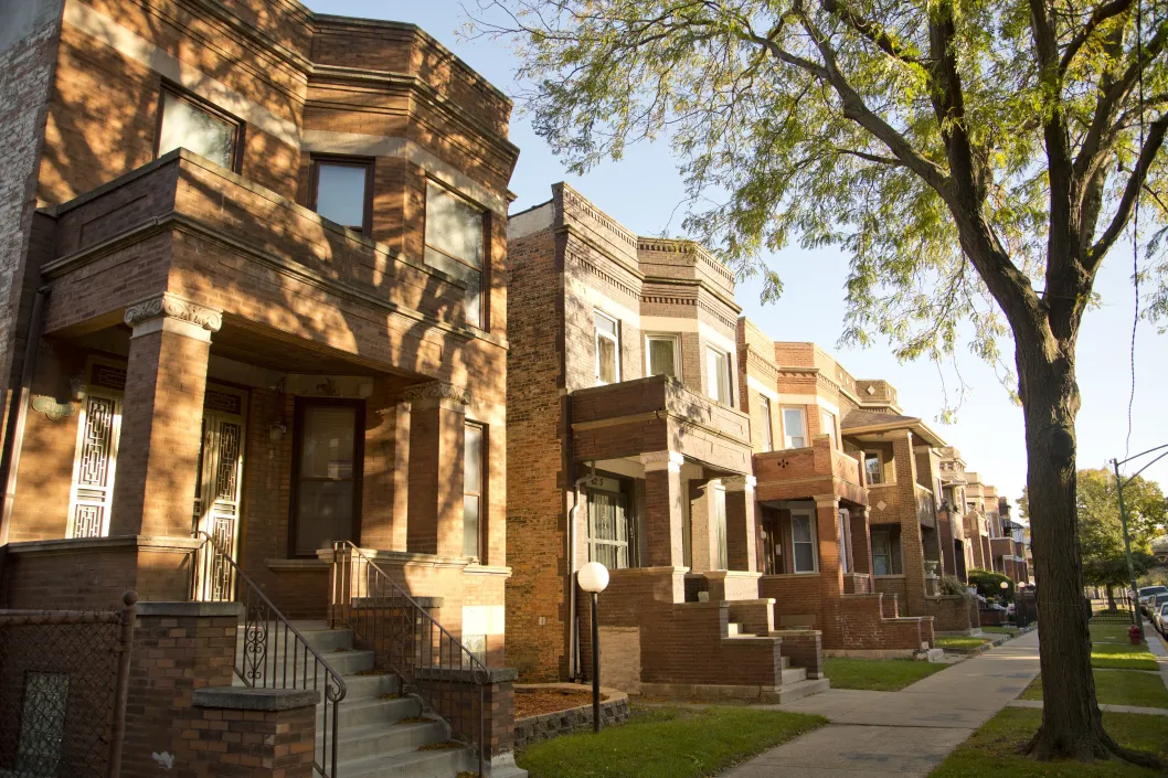 Apartments on neighborhood street in Woodlawn Chicago