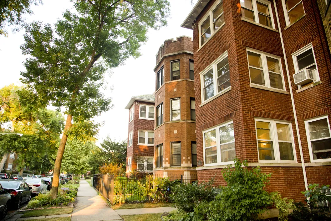 Brick apartment buildings in Lincoln Square Chicago