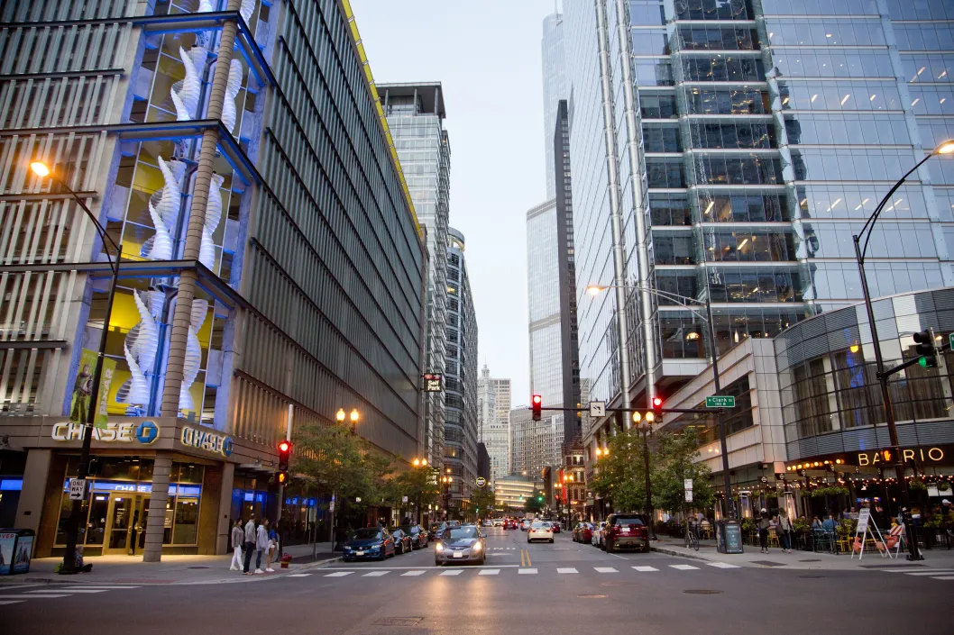 Cars and traffic on West Kinzie Street in River North Chicago